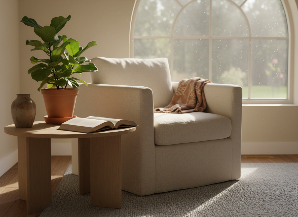 Warm, sunlit interior with a comfortable armchair near a large window, a potted plant and an open book on a side table.